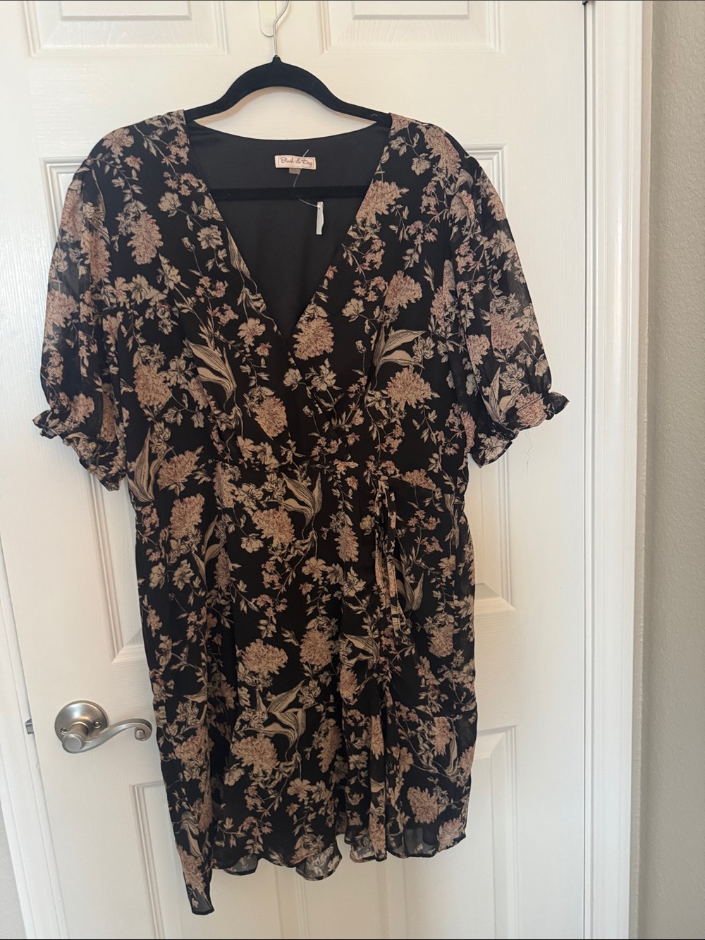 Black Floral Wrap Dress with Beige Bloom Print